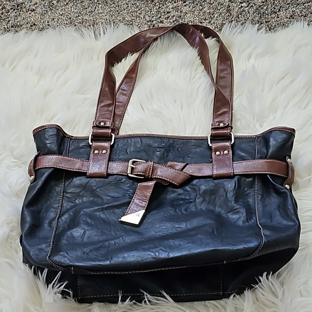 Rosetti Black Shoulder Bag with Brown Trim and Silver Tone Hardware